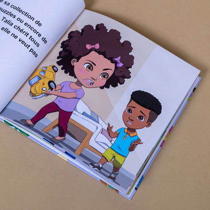 Livre jeunesse afro avec des illustrations amusantes d'enfants jouant dans une chambre.