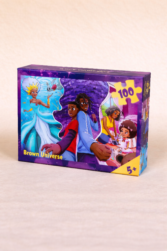 Puzzle 100 pièces Brown Universe pour enfants, un jeu africain enfant coloré et joyeux.
