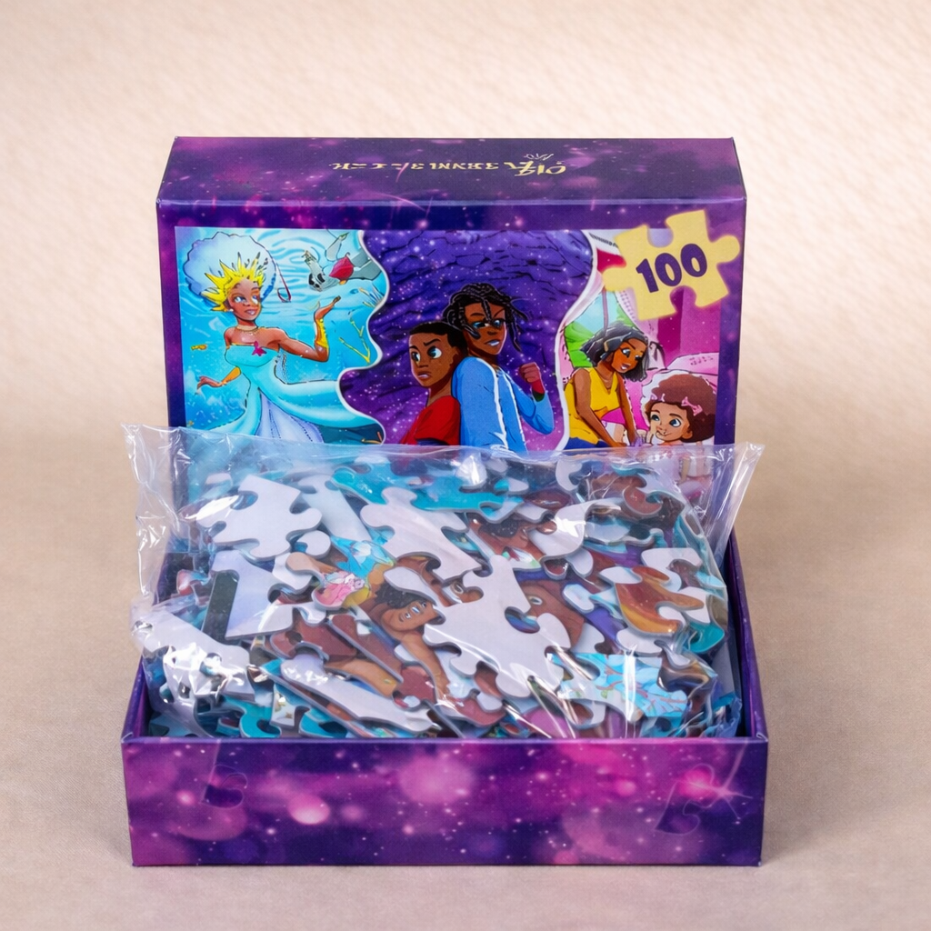 Puzzle 100 pièces Brown Universe, jeu africain enfant, avec personnages colorés à assembler.