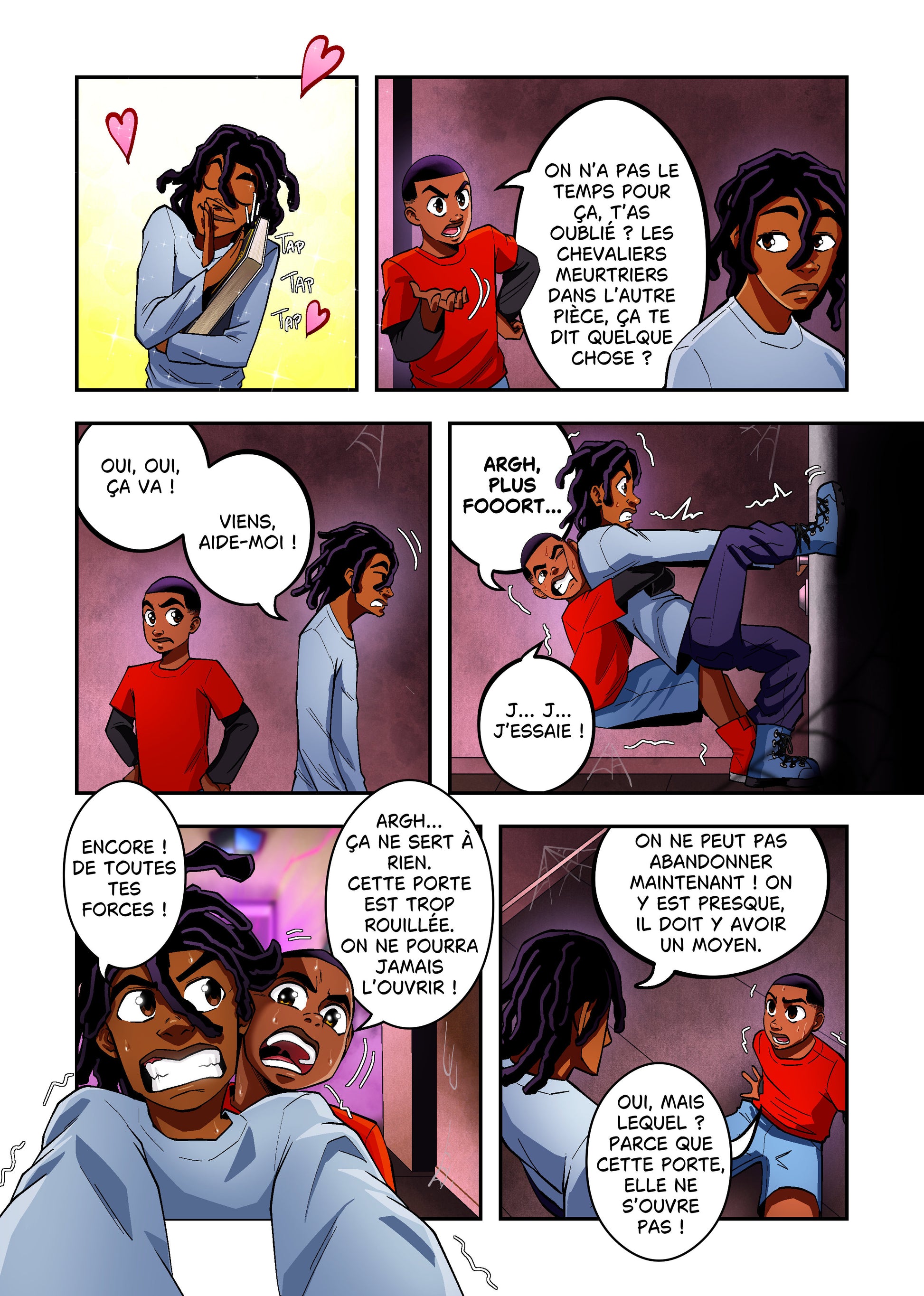Page intérieure de Nathan & Loucas 1 : Le mystère du manoir, livre jeunesse personnages noirs en bande dessinée.