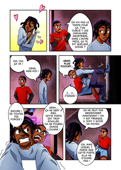 Page intérieure de Nathan & Loucas 1 : Le mystère du manoir, livre jeunesse personnages noirs en bande dessinée.
