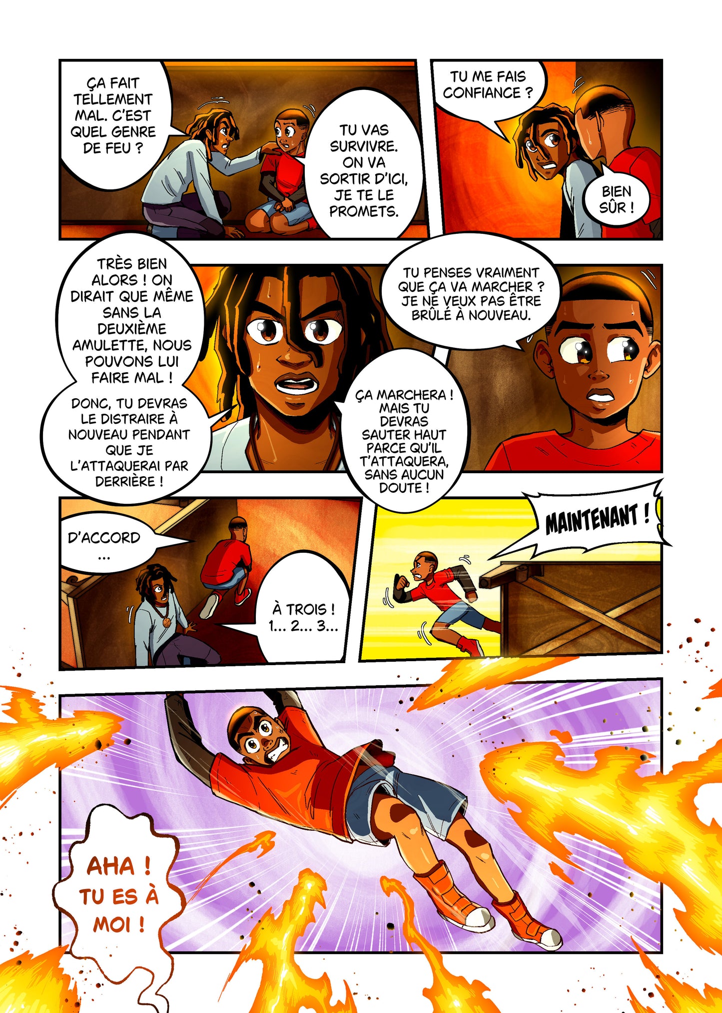 Page d'une bande dessinée de Nathan & Loucas, présentant des personnages noirs dans une aventure dans un manoir.