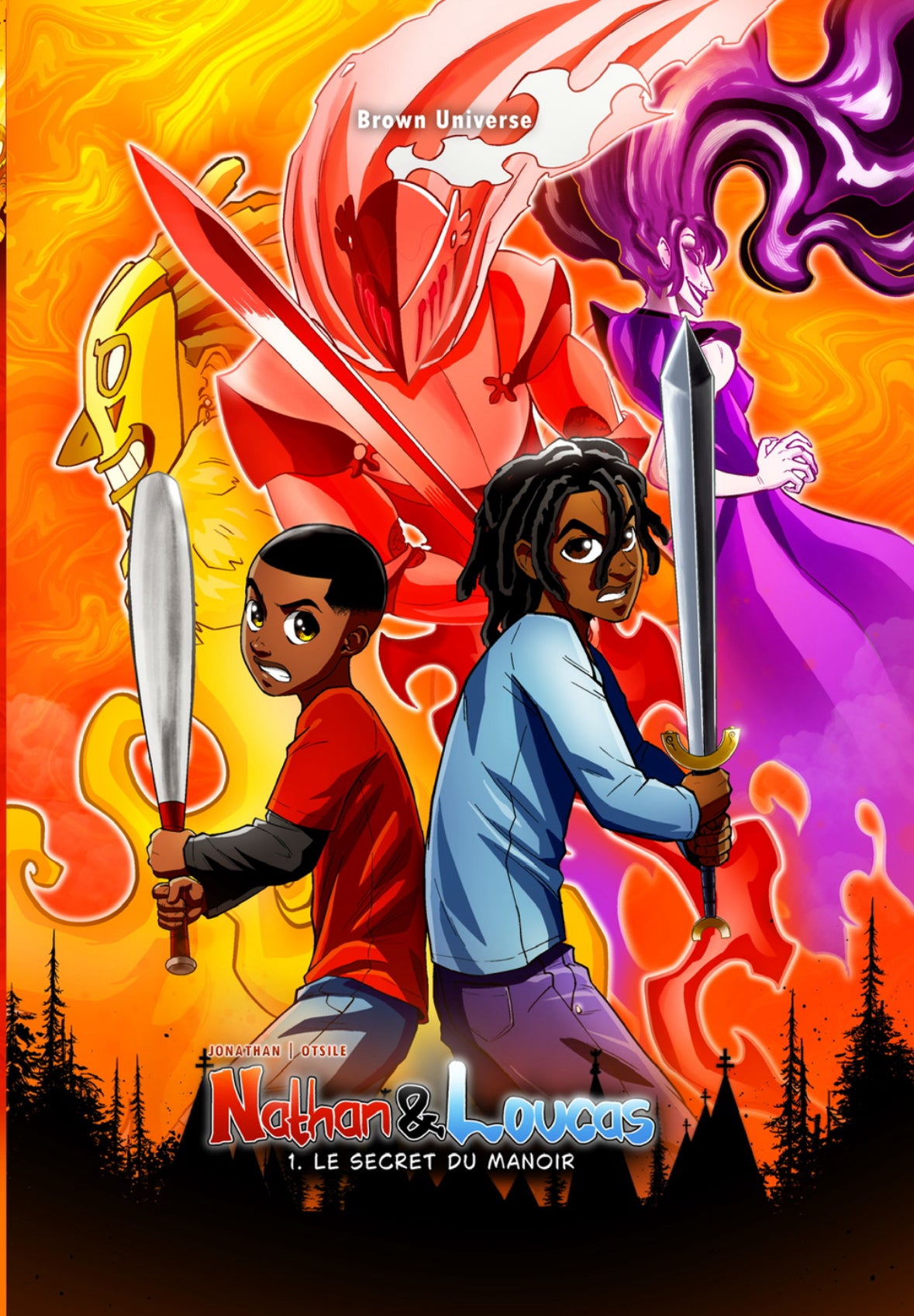 Couverture de Nathan & Loucas, livre jeunesse personnages noirs, montrant deux enfants courant d'un fantôme dans un manoir hanté.