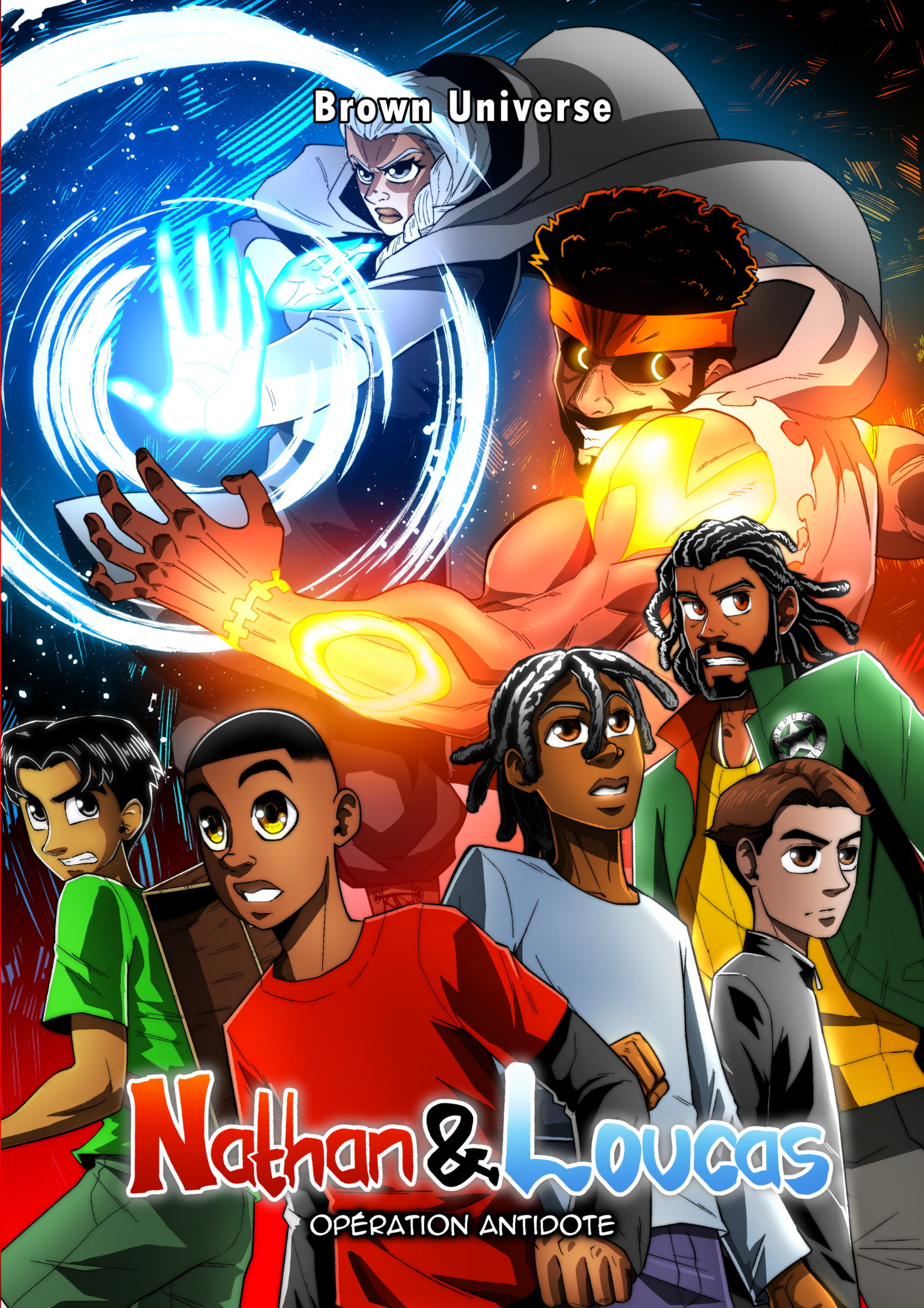 Couverture du livre jeunesse africaine Nathan & Loucas : Mission Antidote avec des personnages héros.