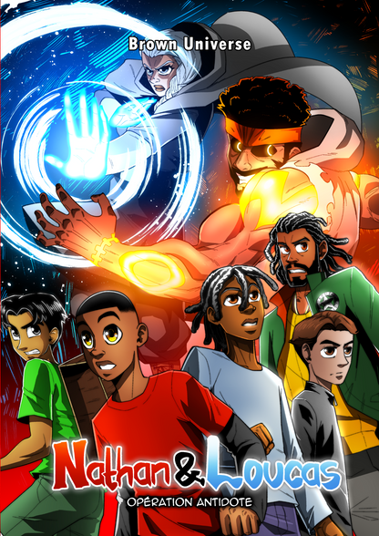 Couverture du livre jeunesse africaine Nathan & Loucas : Mission Antidote avec des personnages héros.