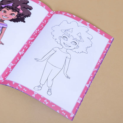 Page du livre de coloriage afro avec personnage à colorier, livre enfant noir.