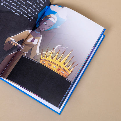 Illustration du livre jeunesse diversité avec Nala découvrant une couronne dans un livre ouvert.