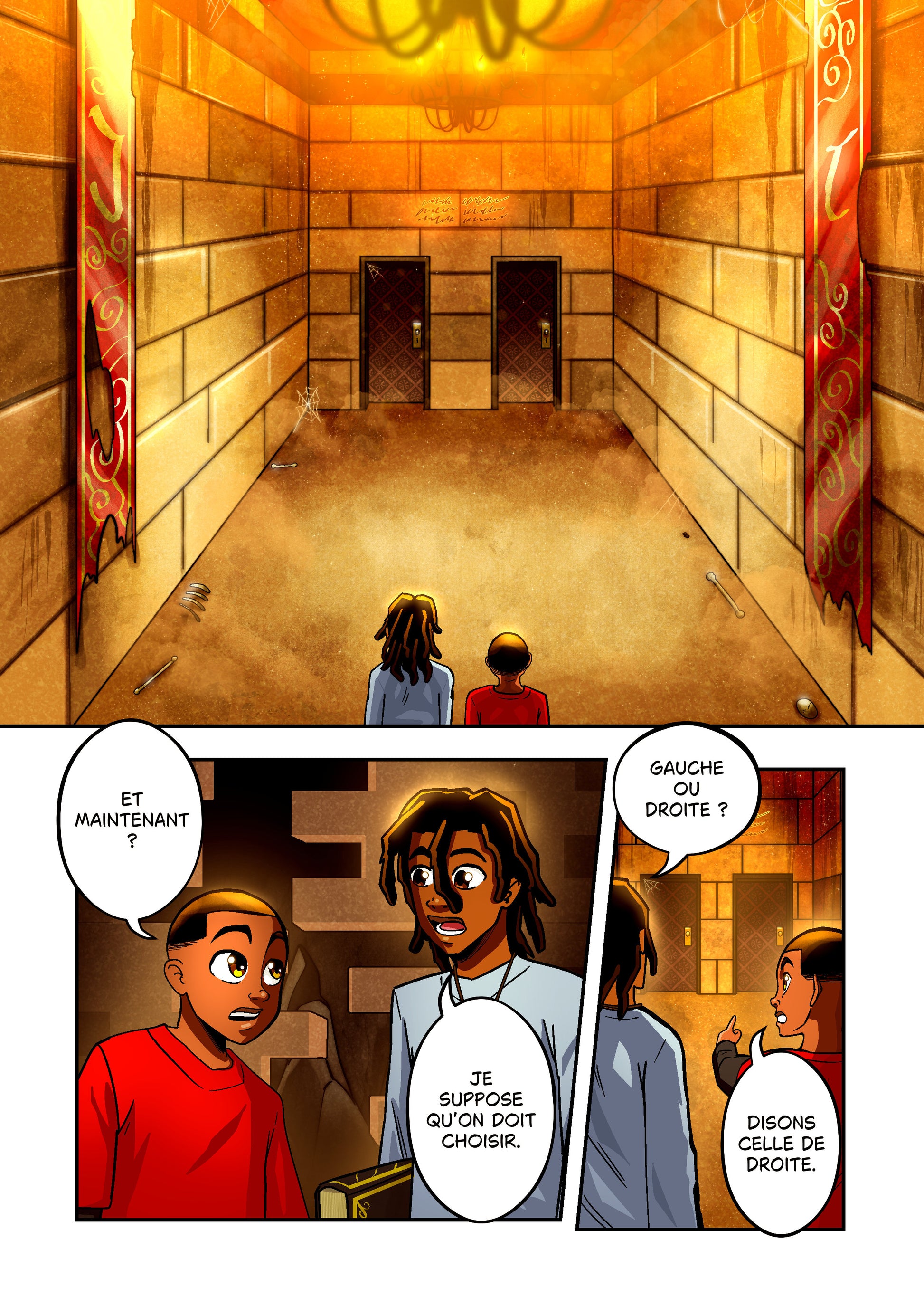 Image d'une bande dessinée montrant des personnages noirs dans des scènes d'action vibrantes, extrait du livre jeunesse personnages noirs.